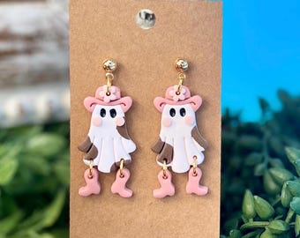 Cowboy Cowgirl Ghost Earrings: Handmade Polymer Clay Cowprint Halloween Jewelry