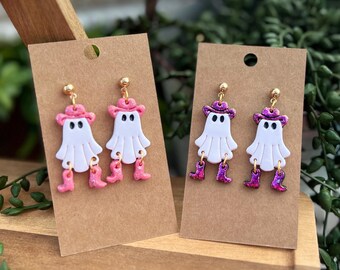 Cowboy Cowgirl Sparkle Ghost Polymer Clay Earrings: Handmade Lightweight Hypoallergenic Halloween Jewelry