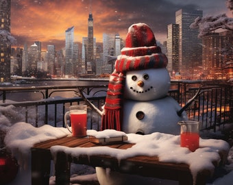 New York Cityscape Winter Greeting Card - Hot Wine and Snowman - Digital Download - 5x7 Instant Print - Christmas Holiday Decor