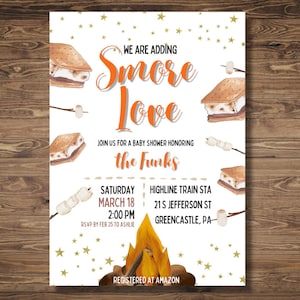 May include: A baby shower invitation with a campfire and s'mores theme. The invitation says "We are adding Smore Love" and "Join us for a baby shower honoring the Funks". The event is on Saturday, March 18th at 2:00 PM at the Highline Train Station, 21 S Jefferson St, Greencastle, PA. RSVP by February 25th to Ashlie. The invitation is registered at Amazon.