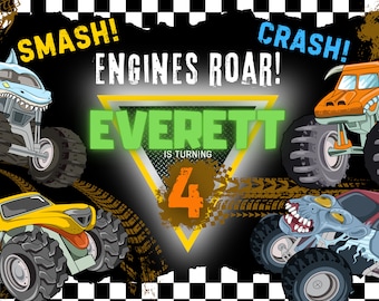 Op de afbeelding: Een monstertruck-verjaardags uitnodiging met een zwarte achtergrond en een geruit vlagpatroon. De uitnodiging toont vier monstertrucks, waaronder een blauw-witte haai-monstertruck, een gele monstertruck met een tandenrij, een oranje monstertruck met hoorns en een blauw-witte monstertruck met een griezelig gezicht. De tekst op de uitnodiging luidt "Smash! Engines Roar! Crash! Everett wordt 4 jaar".