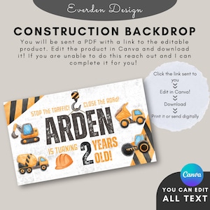 May include: A printable construction-themed birthday backdrop for a child's second birthday. The backdrop features a yellow and black construction sign with the text "Stop the Traffic!" and "Close the Road!"  The name "Arden" is written in large black letters with the text "Is Turning 2 Years Old!"  The backdrop is decorated with cartoon images of construction vehicles and a hard hat.