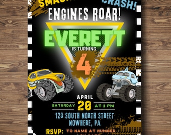 Puede incluir: Una invitación a una fiesta de cumpleaños de monster trucks con un triángulo verde y amarillo y el texto "SMASH! CRASH! ENGINES ROAR! EVERETT IS TURNING 4 APRIL 20 AT 2 PM 123 SOUTH NORTH STREET NOWHERE, PA RSVP: TO NAME AT NUMBER BY DATE"