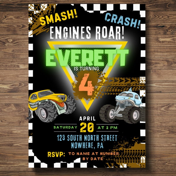 TRUCK Birthday Party Invite Monster Printable/Digital Invitation 5x7