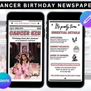 Editable Cancer Birthday Weekend Newspaper Invitation, Digital Cancer Birthday Girl Trip Newspaper Invite, Bday Itinerary, Canva Template