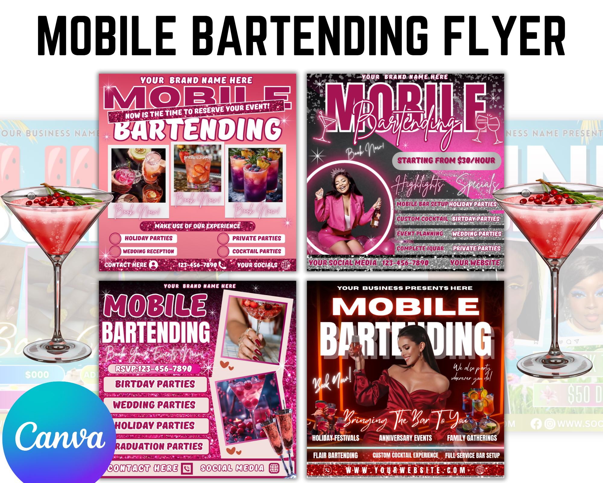 Mobile Bartending Flyer, Event Bartender Flyer, Premade Corporate Drink Service Party Flyer, Mixologist Portable Bartending, Canva Editable