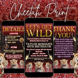 Digital Cheetah Birthday Invitation with Photo- Editable Girl Night Party Cherries Invite, Animated Red Leopard Print Dinner Drinks Template