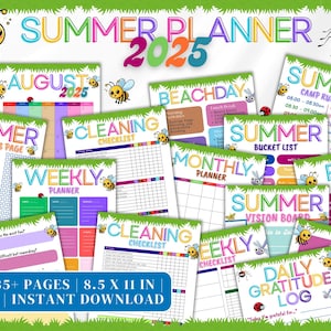 Printable Editable SUMMER 2025 Planner Bundle | Summer Calendar | Summer Checklist | Summer Chore Chart | Summer Planner | Chore Chart Kids