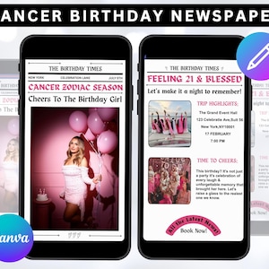 Editable Cancer Birthday Weekend Newspaper Invitation, Digital Cancer Birthday Girl Trip Newspaper Invite, Bday Itinerary, Canva Template