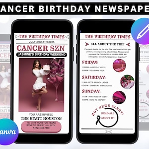 Editable Cancer Birthday Weekend Newspaper Invitation, Digital Cancer Birthday Girl Trip Newspaper Invite, Bday Itinerary, Canva Template