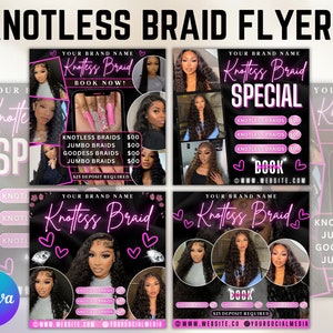 Folleto especial de trenzas sin nudos, Folleto de peluquería DIY, Citas con peluqueros disponibles Reservar ahora Folleto Plantilla de lienzo editable de belleza