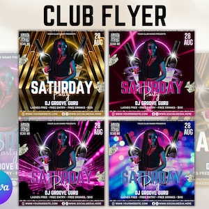 04 Editable Club Flyer Template For Canva, DIY Event Flyer, Party Flyer, Digital Birthday Flyer, DJ Party Invite for Social Media, Instagram