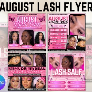 Editable August Lash Sale, Lash deals, Lash extensions sale, Eyelash extensions, Canva Flyer, classic set, mega volume set, lash sales