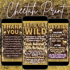 Digital Cheetah Birthday Invitation with Photo- Editable Girl Night Party Cherries Invite, Animated Red Leopard Print Dinner Drinks Template