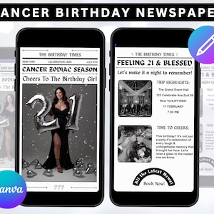 Editable Cancer Birthday Weekend Newspaper Invitation, Digital Cancer Birthday Girl Trip Newspaper Invite, Bday Itinerary, Canva Template