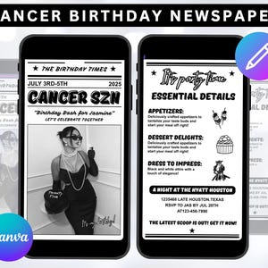 Editable Cancer Birthday Weekend Newspaper Invitation, Digital Cancer Birthday Girl Trip Newspaper Invite, Bday Itinerary, Canva Template