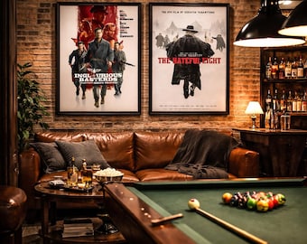 May include: A cozy entertainment room with a brown leather sofa, two framed movie posters, and a pool table. The posters are for the movies "Inglourious Basterds" and "The Hateful Eight." The room has a brick wall and warm lighting.