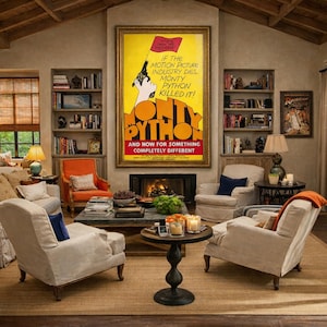 May include: A large framed movie poster for Monty Python and Now for Something Completely Different hangs above a fireplace in a living room. The yellow poster features a hand holding a gun and a red flag with the text If the motion picture industry dies, Monty Python killed it.