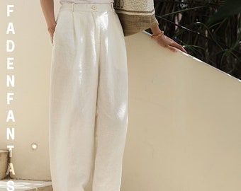 Casual linen trousers with high waist, trousers with pockets, woven wide leg linen trousers with straight leg, summer trousers for women, lightweight trousers