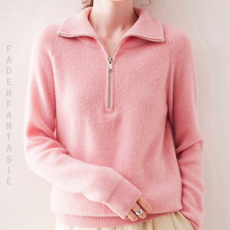 Wool sweater with half zip, wool turtleneck sweater, half zip sweater knitted, gifts for her, knitted sweater Pink