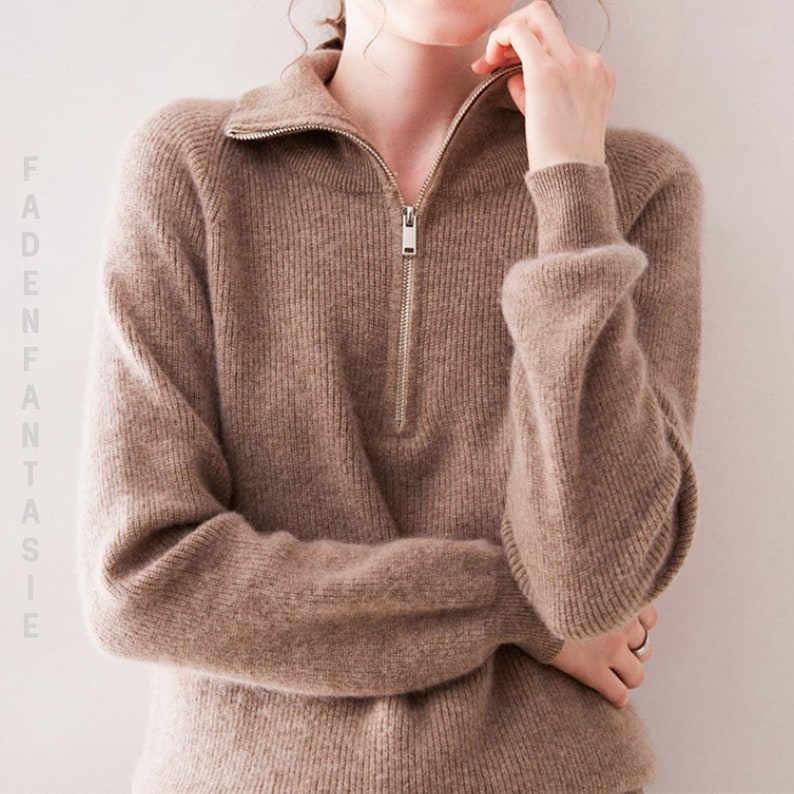 Wool sweater with half zip, wool turtleneck sweater, half zip sweater knitted, gifts for her, knitted sweater Brown