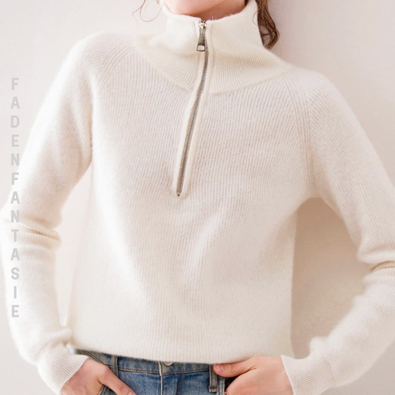 Wool sweater with half zip, wool turtleneck sweater, half zip sweater knitted, gifts for her, knitted sweater White