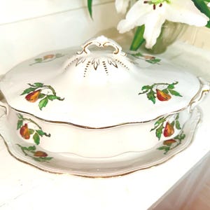 Puede incluir: Fuente de cerámica blanca con tapa, con un diseño de pera y hojas en rojo, verde y dorado. La fuente tiene un borde y asas doradas, y se asienta sobre una base a juego. Una pieza decorativa.