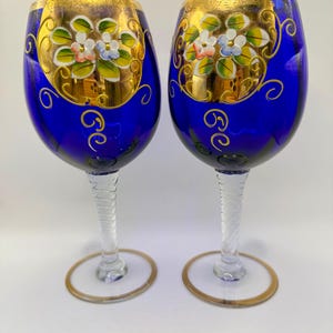 Grand-Scale Murano "Tre Fuochi" Cobalt Set | Heavy 24K Gold "Torcello" Twist Stems | Master-Blown Artisan Quality | Pristine