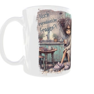 Mürrische Frau mit Kaffeetasse im Retro Grunge Design mit Spruch Noch irgendwelche Fragen Sublimation Tassen Vorlage, Sublimationsdruck Bild 2