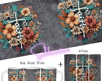 Grunge Hintergrund mit mintfarbenem Kreuz und dem Wort "faith" im floralen Retro Design als Bundle MugWrap + Tumbler | Vorlage Sublimation