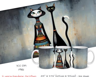 Moderne Whimsical Katzen Illustration | Sublimation Mug Wrap |  Sublimationsdruck | Naive Kunst gemischt mit Whimsical Folk Art | Vintage