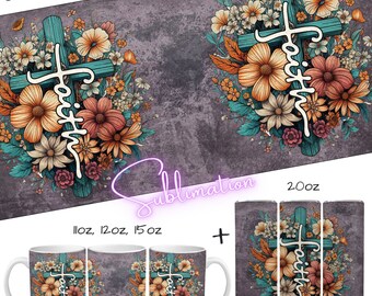 Grunge Hintergrund mit mintfarbenem Kreuz und dem Wort "faith" im floralen Retro Design als Bundle MugWrap + Tumbler | Vorlage Sublimation