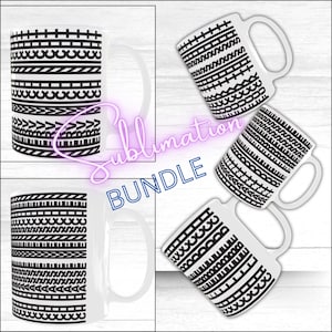 Może przedstawiać: Białe ceramiczne kubki z czarnymi geometrycznymi wzorami. Kubki mają uchwyt i są prezentowane na białym tle. Słowo "BUNDLE" jest widoczne w kolorze niebieskim.