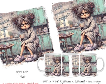 Grumpy woman with coffee cup in retro grunge design with saying "Any questions?!" Sublimation mug template, sublimation printing