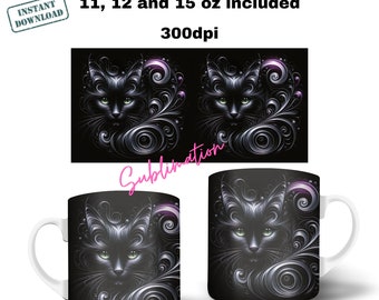 Sublimation Tassen Becher Vorlage PNG |  Sublimationsdruck | Schwarze Katze PNG | Katze Clipart | Bild Katze zum ausdrucken | Katze Muster