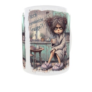 Mürrische Frau mit Kaffeetasse im Retro Grunge Design mit Spruch Noch irgendwelche Fragen Sublimation Tassen Vorlage, Sublimationsdruck zdjęcie 3