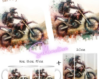 Motocross DirtBike Motorrad Sublimation Tassen Vorlage im aquarell Design | Sublimationsdruck |MugWrap + Tumbler | PNG transparent und weiß