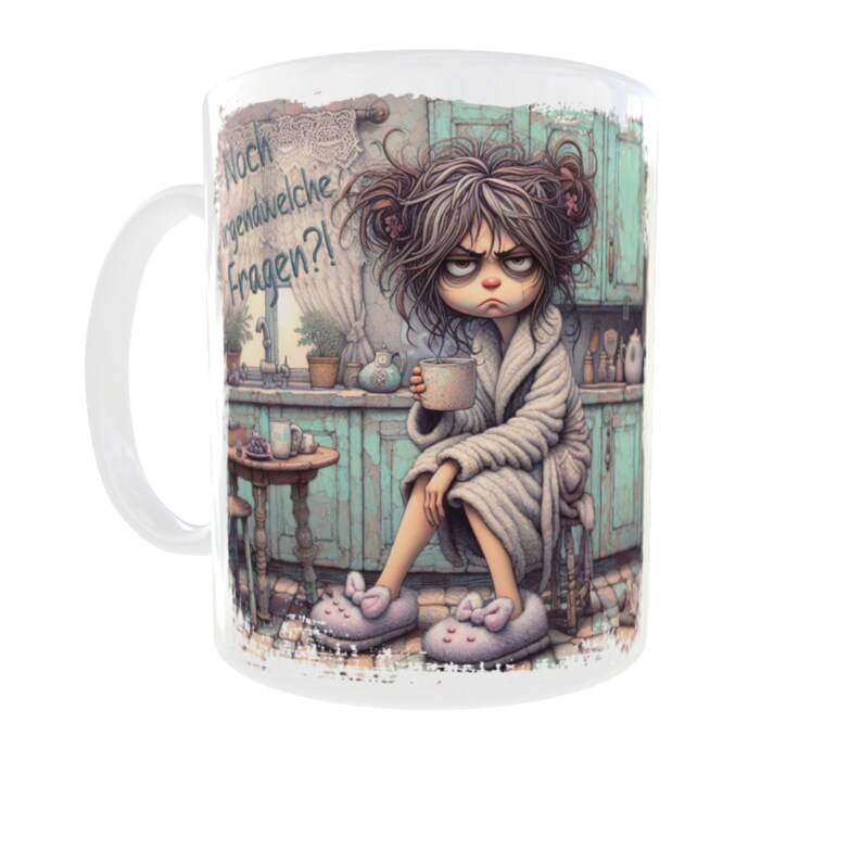 Mürrische Frau mit Kaffeetasse im Retro Grunge Design mit Spruch Noch irgendwelche Fragen Sublimation Tassen Vorlage, Sublimationsdruck Bild 5