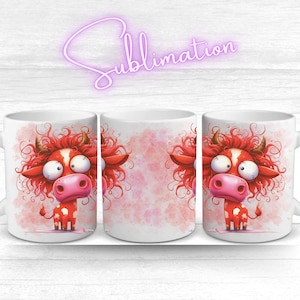 Sublimationsvorlage Kuh | Mug Wrap 11oz 12oz 15oz | Lustige Cartoon-Kuh mit Locken | Tassenmotiv PNG | Digitale Druckdatei Tierhumor