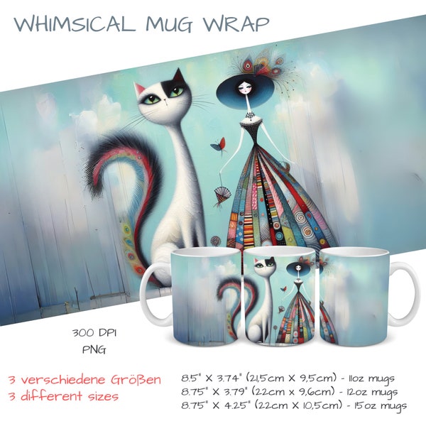 Illustration de chats fantaisistes modernes | Enveloppement de tasse à sublimation | Impression par sublimation | Art naïf mélangé à l’art populaire fantaisiste | Ancien