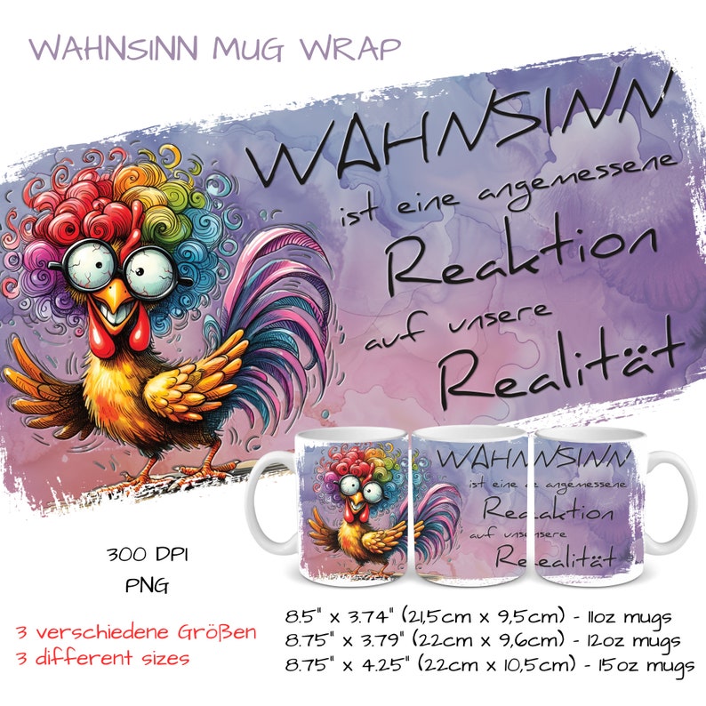 Deutscher Spruch "Wahnsinn ist eine angemessene Reaktion auf unsere Realität" l Sublimation Tassen Vorlage |  Sublimationsdruck | Aquarell