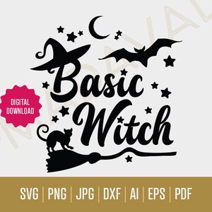 May include: Black and white digital download design featuring a witch's hat, a bat, a broom, a cat, and stars with the text "Basic Witch".