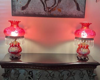 Set of Vintage FENTON Cranberry Hurricane 3-way Parlor Lamp Gone