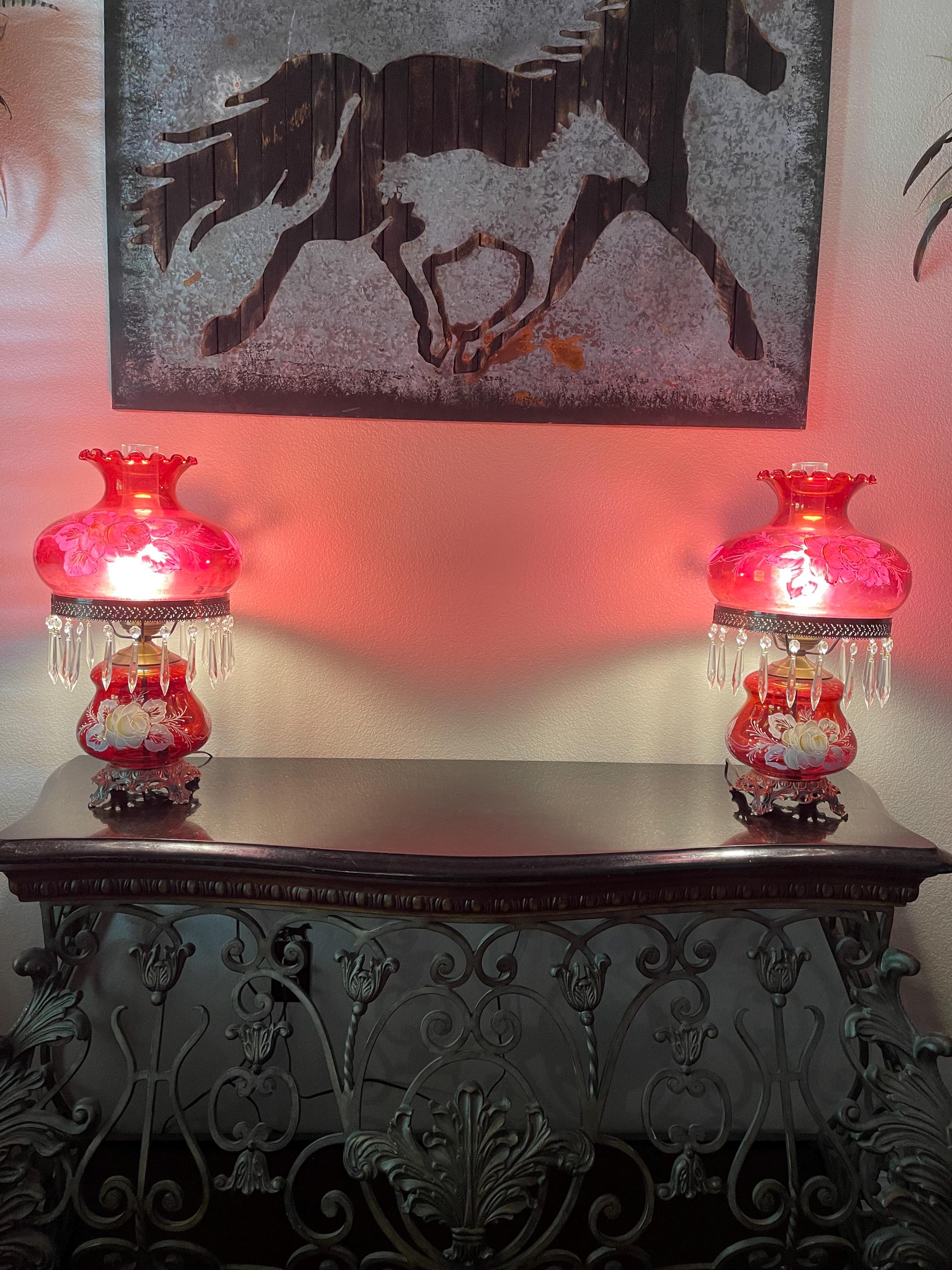 Set of Vintage FENTON Cranberry Hurricane 3-way Parlor Lamp Gone