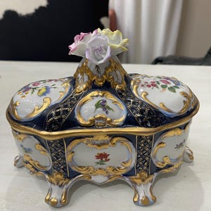 Vintage Dresden style blue porcelain covered box
