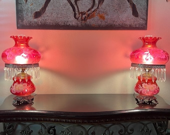 Set of Vintage FENTON Cranberry Hurricane 3-way Parlor Lamp Gone