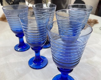 Conjunto de 6 taças de água vintage Libbey Sirrus azul cobalto com nervuras.