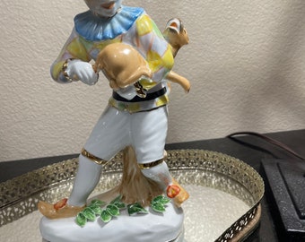 Rare unique hand painted porcelain/ceramic pierrot holding lion cub Unique Hand Painted