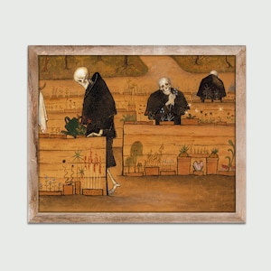 May include: A painting of three skeletons dressed in black robes tending to a garden. The skeletons are watering plants, pruning flowers, and admiring the blooms. The garden is filled with colorful flowers and plants in pots.