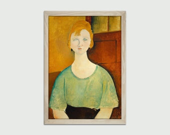Flicka i grön blus (1917) av Amedeo Modigliani, vintagemålning, klassiskt konsttryck, väggdekor, digital nedladdning, utskrivbar konst